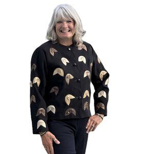 Black lightweight party jacket by NATTO, decorative leather patches, Size 12-14.